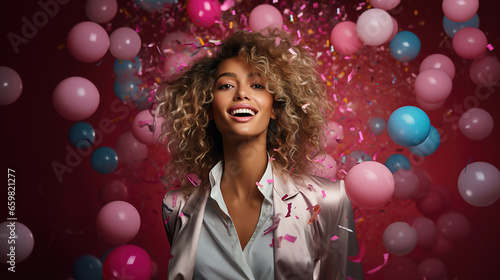 Pink Party: Happy Young Woman with Curly Hair