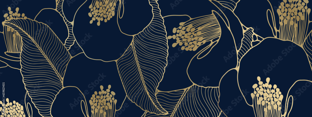 Luxury dark blue floral background with gold flowers. Vector background for wallpapers, covers, cards and posts on social networks. - obrazy, fototapety, plakaty 