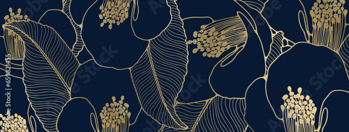 Luxury dark blue floral background with gold flowers. Vector background for wallpapers, covers, cards and posts on social networks.