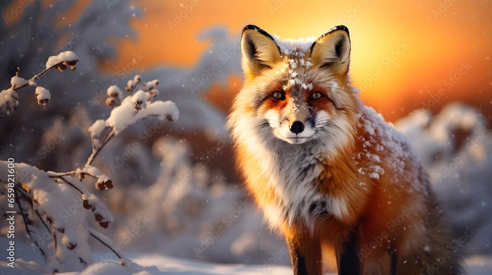 Beautiful red fox in the winter snowy forest Beautiful red fox in the winter snowy forest