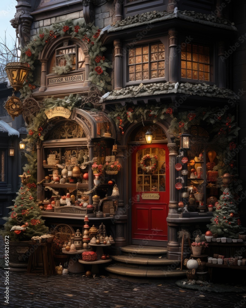 Vintage Christmas shop decorated with Christmas decor