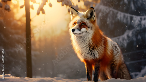 Beautiful red fox in the winter snowy forest © Taisiia
