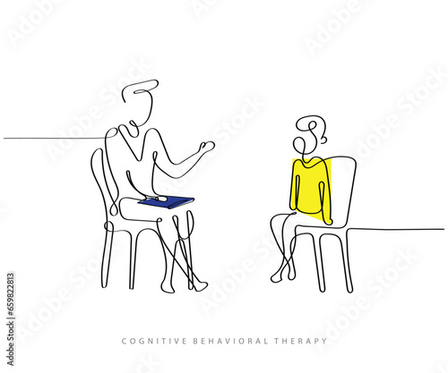 line art vector of a therapist working with a child. Cognitive behavioral therapy concept. School counselor art.