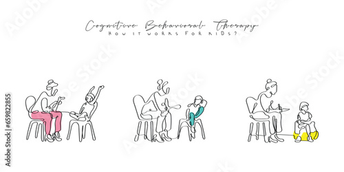 Continuous line art vector of a kids therapist. Child therapy concept art. School Counselor. Poster or postcard doodle art. professional help for autism awareness art.