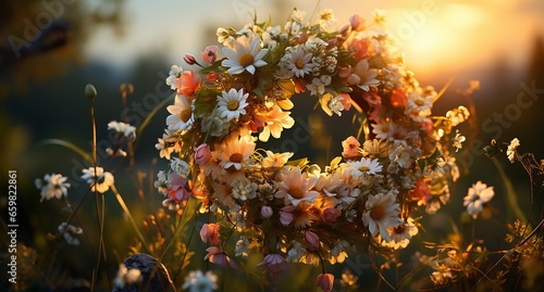 Symbol of Summer Solstice Day. Beautiful wreath of daisies and meadow flowers hanging on a branch, sun rays at sunset, bokeh, green background. Pagan witch traditions, Wiccan ritual. Lita Sabbath.