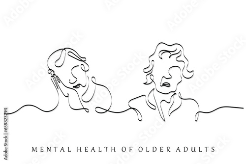 Older adults and mental health line art vector. Elderly concept art.