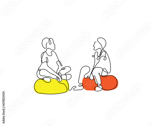 Continuous line art vector of a kids therapist. Child therapy concept art. School Counselor. Poster or postcard doodle art. professional help for autism awareness art.