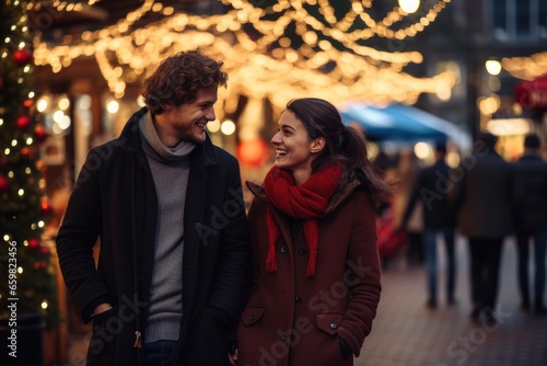 Joyful middle old aged couple  a man and woman  walking near Christmas Market stalls.