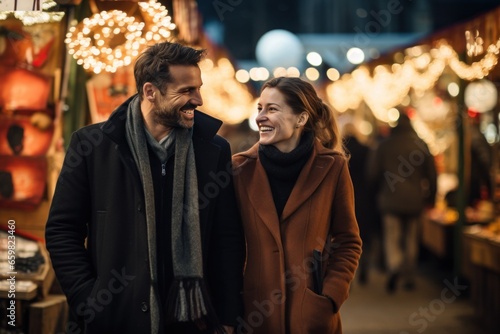 Joyful middle old aged couple, a man and woman, walking near Christmas Market stalls.