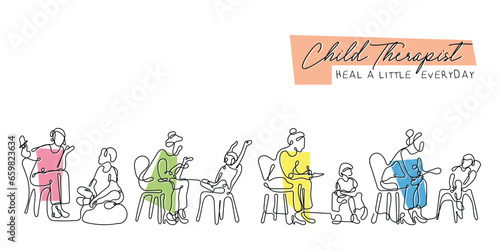Continuous line art vector of a kids therapist. Child therapy concept art. School Counselor. Poster or postcard doodle art. professional help for autism awareness art.