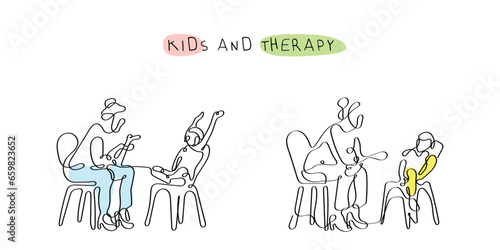 Continuous line art vector of a kids therapist. Child therapy concept art. School Counselor. Poster or postcard doodle art. professional help for autism awareness art.