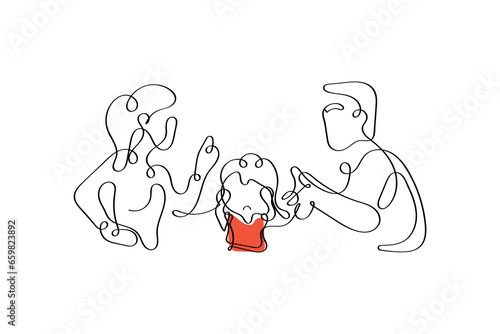 Continuous line art vector of parents fighting and their kid suffering due to that. Toxic parenthood. Kids traumatized childhood concept art. Abuse art.