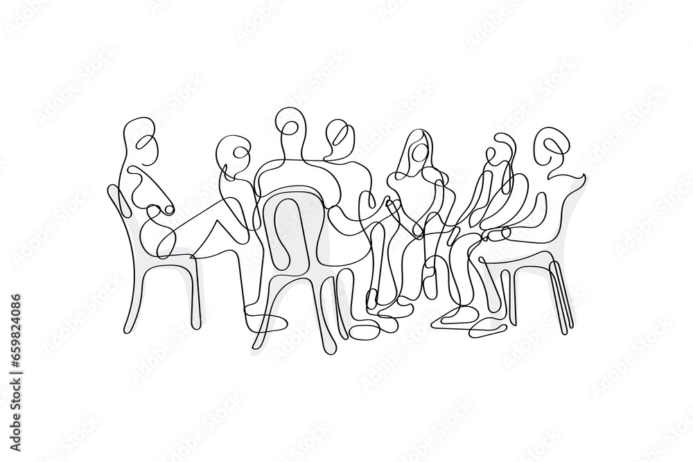 Hand-drawn line art vector of Group Psychotherapy Sessions. Psychology line art. Mental health and social bonds Hand-drawn line art vector of Group Psychotherapy Sessions. Psychology line art. Mental health and social bonds
