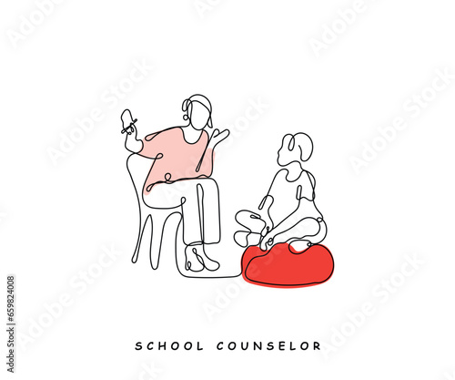 Continuous line art of a school counselor in a session with a kid. School teacher line art.