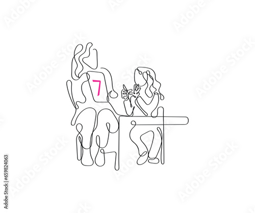 Continuous line art of a school counselor in a session with a kid. School teacher line art.