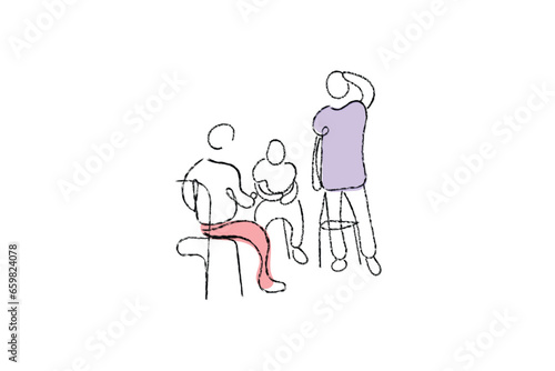 Continuous line art of a school counselor in a session with a kid. School teacher line art.