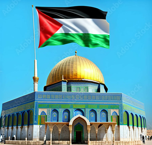 Palestine flag waving over a mosque photo