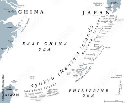 Ryukyu Islands, also known as Nansei Islands, gray political map. The Ryukyu Arc, a Japanese, mostly volcanic island chain stretching from Kyushu, Japan, to westernmost Yonaguni Island east of Taiwan. photo