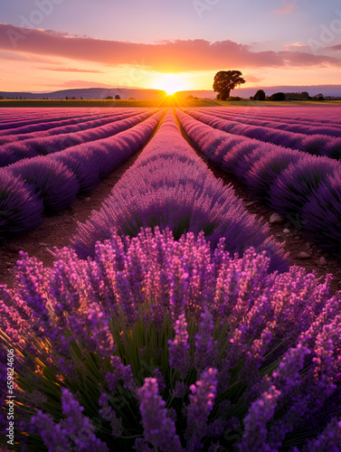 Purple lavender field at sunset