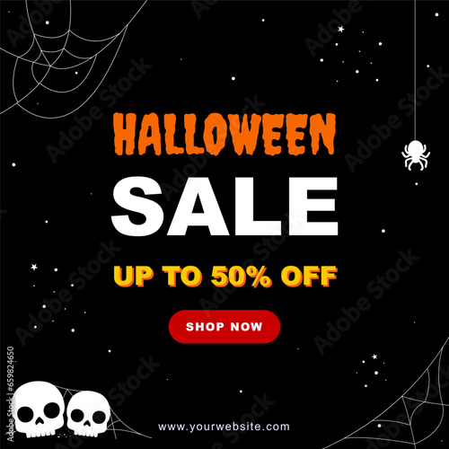 Mysterious Halloween Night Square Layout Template : Promote your Halloween event with square pixel 1:1 template for social media  With a white skull, cobwebs, and spider on a black background.