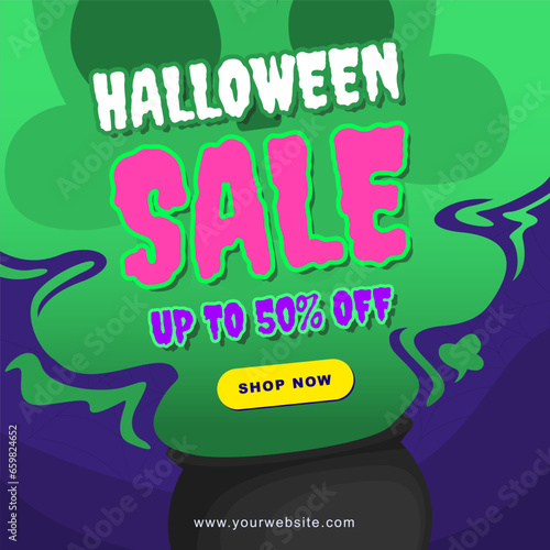 Mystical Cauldron Halloween Night Square Layout Template : Unleash . A cauldron and a skull in Halloween's mystique with square 1:1 template for Social media promotions, notices and event.