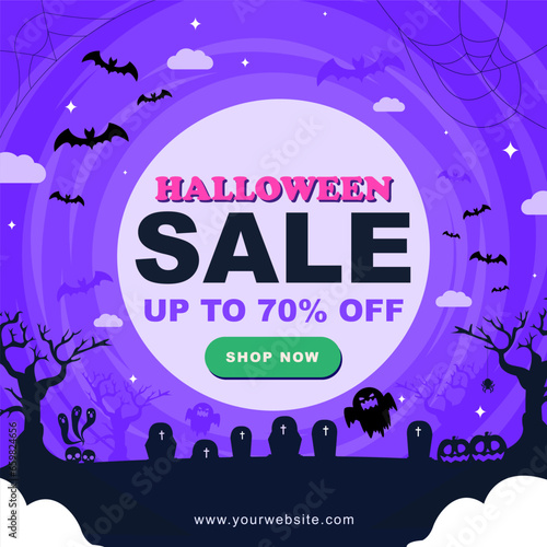 Shadow Graveyard in Halloween Night Square Layout Template : Announce Halloween with social media template. Shadow graveyard, Carving Pumpkin, spirit, bats against a mysterious purple night sky.