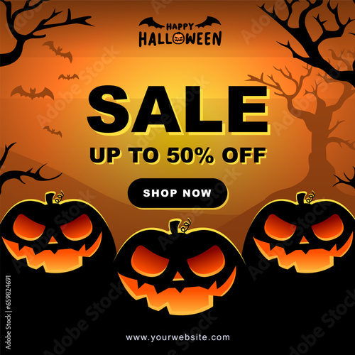 Halloween Pumpkin Carvings in Spooky Night Square Layout Template : Announce your Halloween event with this square pixel 1:1 for social media. With a face of sinister Jack O' Lantern carvings.