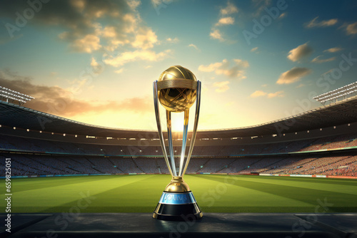 Foto World cup trophy on empty stadium background.