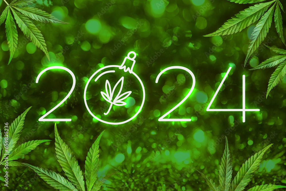 The inscription 2024 in neon on a green background with bokeh and marijuana leaves. Holiday New Year numbers on a shiny cannabis backdrop. New Year banner for CBD - obrazy, fototapety, plakaty 