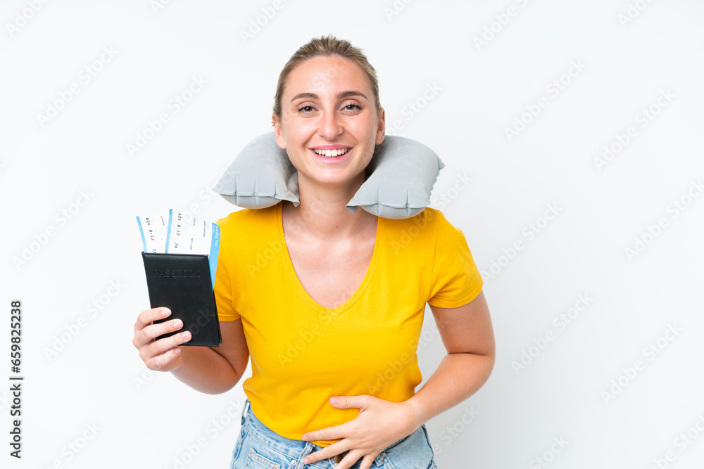 Woman with Inflatable Travel Pillow smiling a lot Woman with Inflatable Travel Pillow smiling a lot