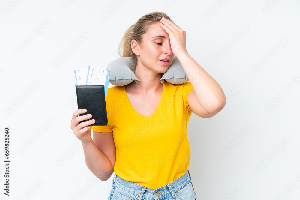 Woman with Inflatable Travel Pillow has realized something and intending the solution Woman with Inflatable Travel Pillow has realized something and intending the solution