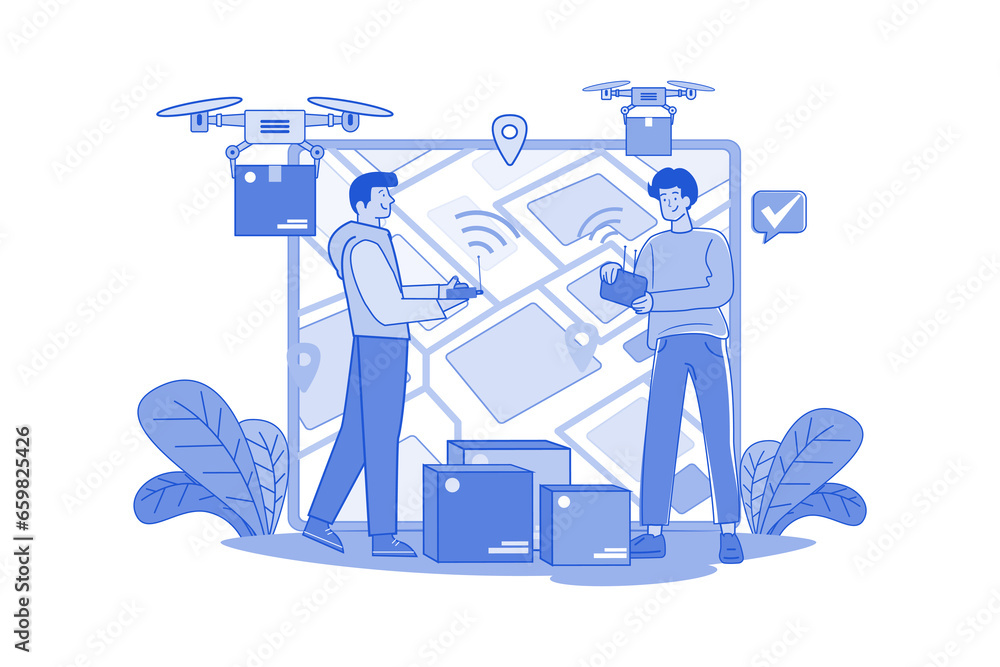 Guy with tablet caused boxed cargo delivery via electric wireless drone Guy with tablet caused boxed cargo delivery via electric wireless drone