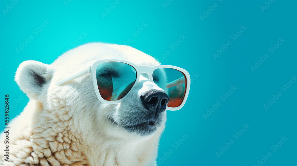 Funny polar bear wearing sunglasses in studio on blue background