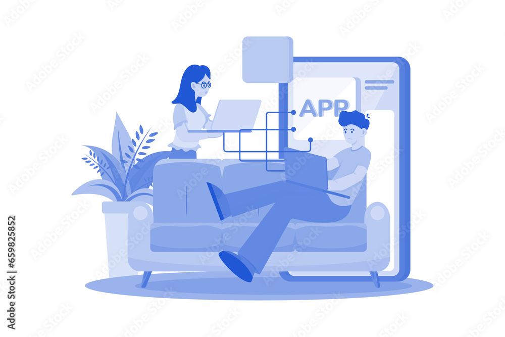 Product team programming mobile app with laptop Product team programming mobile app with laptop