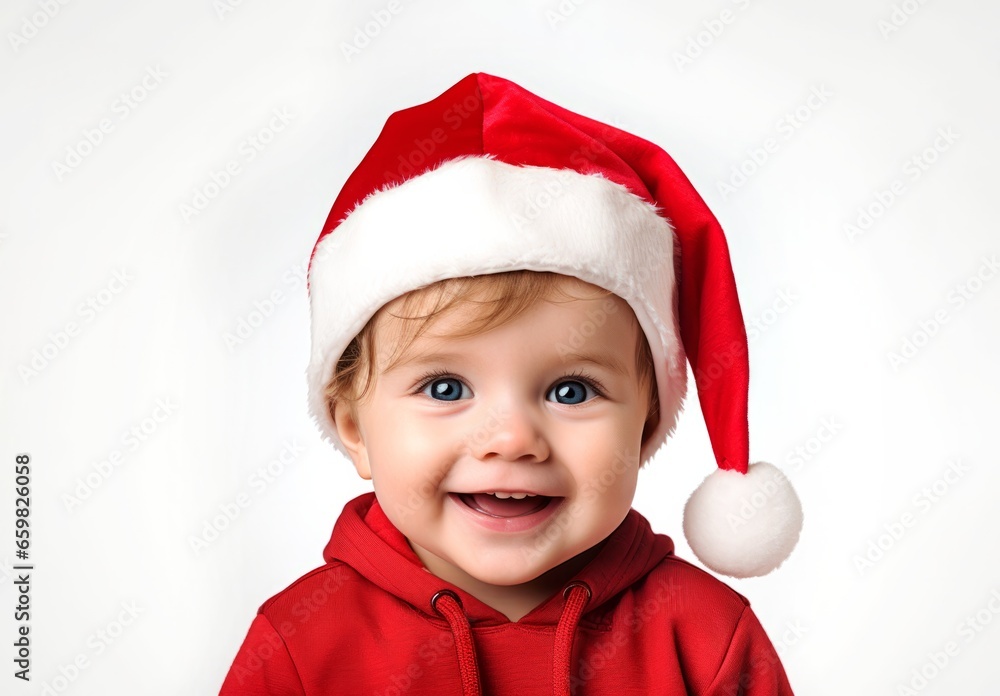 Portrait little smiling blond boy in a Santa Claus costume on a white background. New Year and Christmas concept. Portrait little smiling blond boy in a Santa Claus costume on a white background. New Year and Christmas concept.