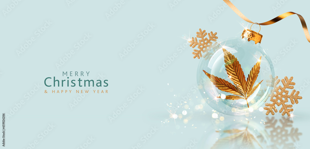 Abstract minimal Christmas background, transparent Christmas ball with golden cannabis leaf. New Year's holiday backdrop for CBD and marijuana Festive poster, website header, banner, postcard - obrazy, fototapety, plakaty 