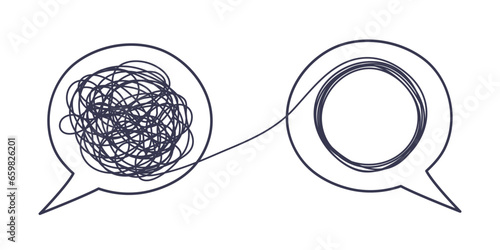 Psychologist consulting or mental problem solving brainstorm concept. Two speech bubbles conversation icons with line scribbles. Coach, mentoring psychotherapy. Complex to simple mind concept.