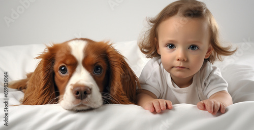 a cute little baby lying on a bed with a pet 