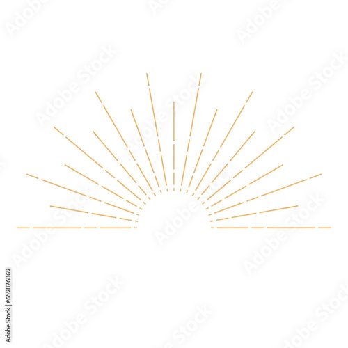 Hand drawn 3d glossy golden Sun, sunburst, starburst, light rays. Bohemian symbol bursting sun rays. Magic talisman, antique style, boho, logo. Vector illustration isolated on white background