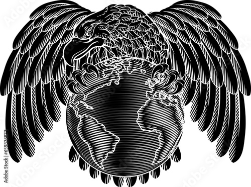 An eagle world globe map earth global planet woodcut concept