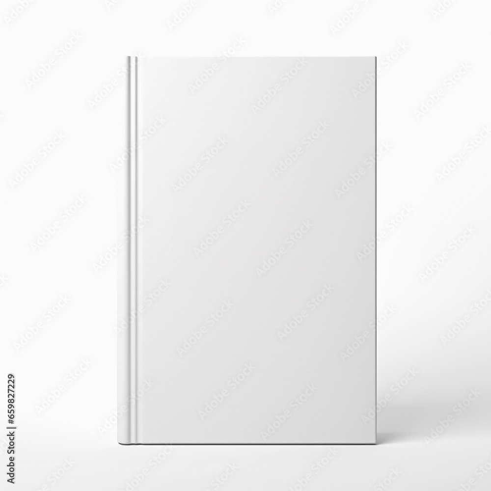 White photorealistic closed book mockup with a blank hard cover, front view, isolated on white background, soft shadows White photorealistic closed book mockup with a blank hard cover, front view, isolated on white background, soft shadows