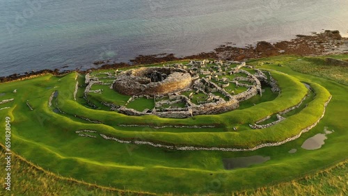 Aerial of the Iron Age Broch of Gurness on the island of Mainland, Orkney Islands, Scotland