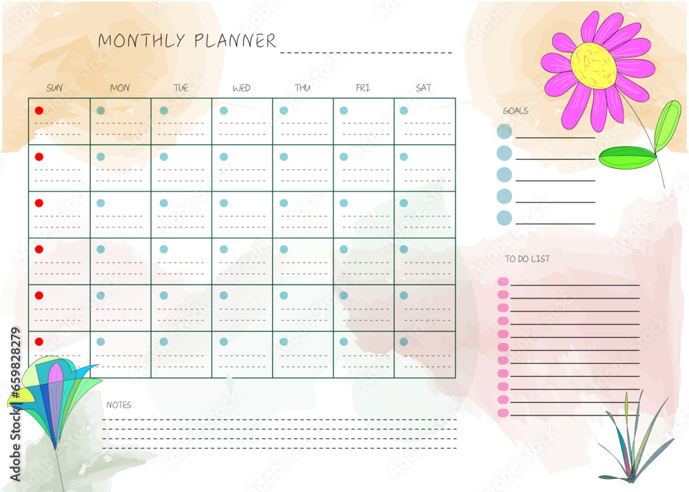 flower hand drawn clean design monthly plan and calendar template - obrazy, fototapety, plakaty 