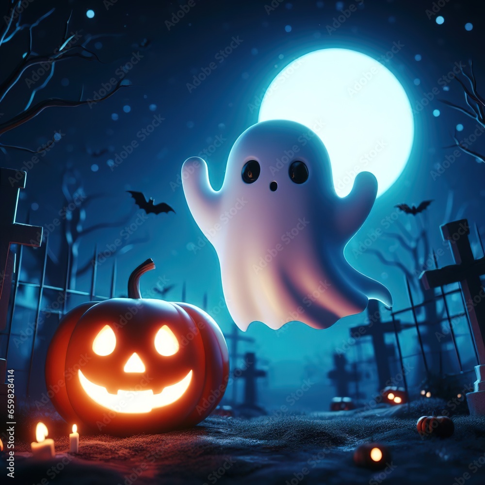 3D Spooky Halloween at graveyard. 3D Rendering cute ghost floating above pumpkin at spooky night in haunted graveyard 3D Spooky Halloween at graveyard. 3D Rendering cute ghost floating above pumpkin at spooky night in haunted graveyard