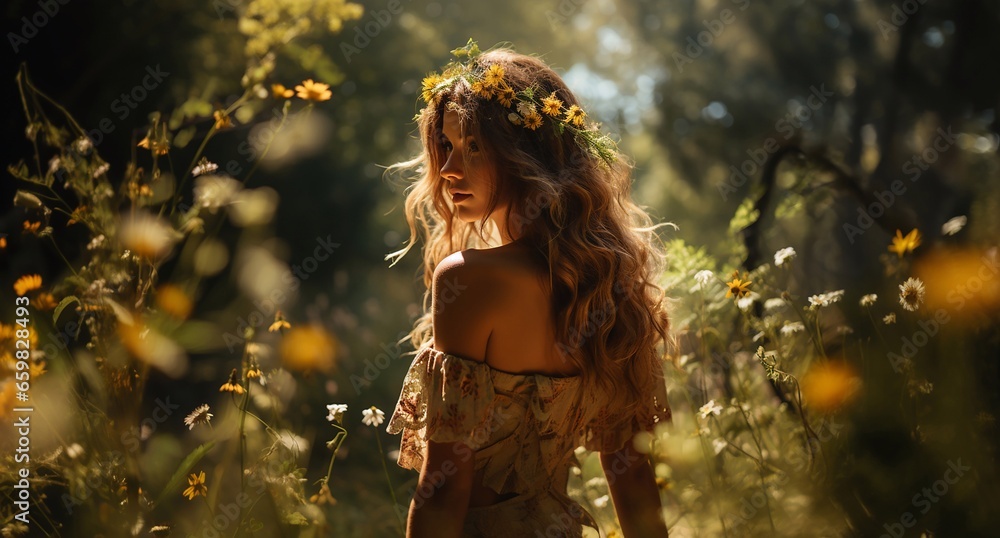 Beautiful woman in flower wreath on the meadow in forest. Floral crown, symbol of summer solstice. Midsummer, wiccan Litha sabbat. pagan holiday Ivan Kupala. - obrazy, fototapety, plakaty 