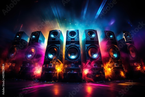 Multimedia acoustic speakers with neon lighting. Sound audio system in the bright rays of spotlights