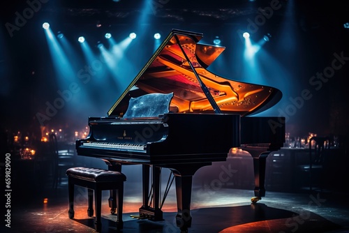 The piano is in the center of the stage. Musical performance photo