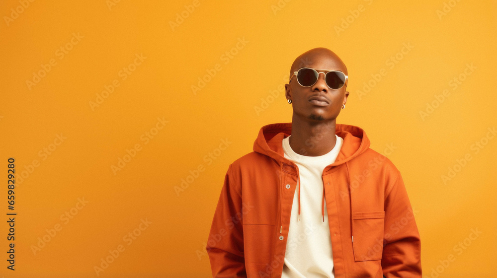 Obraz premium Young african american man wearing a sunglasses against orange background.