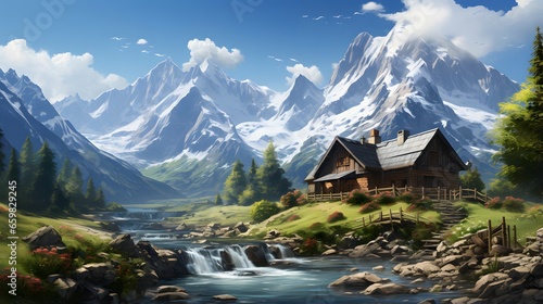 mountain scenery of a wooden hut