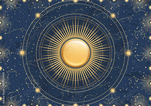 Hand drawn card of 3d golden Sun, sunburst, light rays, stars. Constellation celestial space. Zodiac horoscope symbol, star astrology, astrology sign, icon. Magic space galaxy, vector illustration